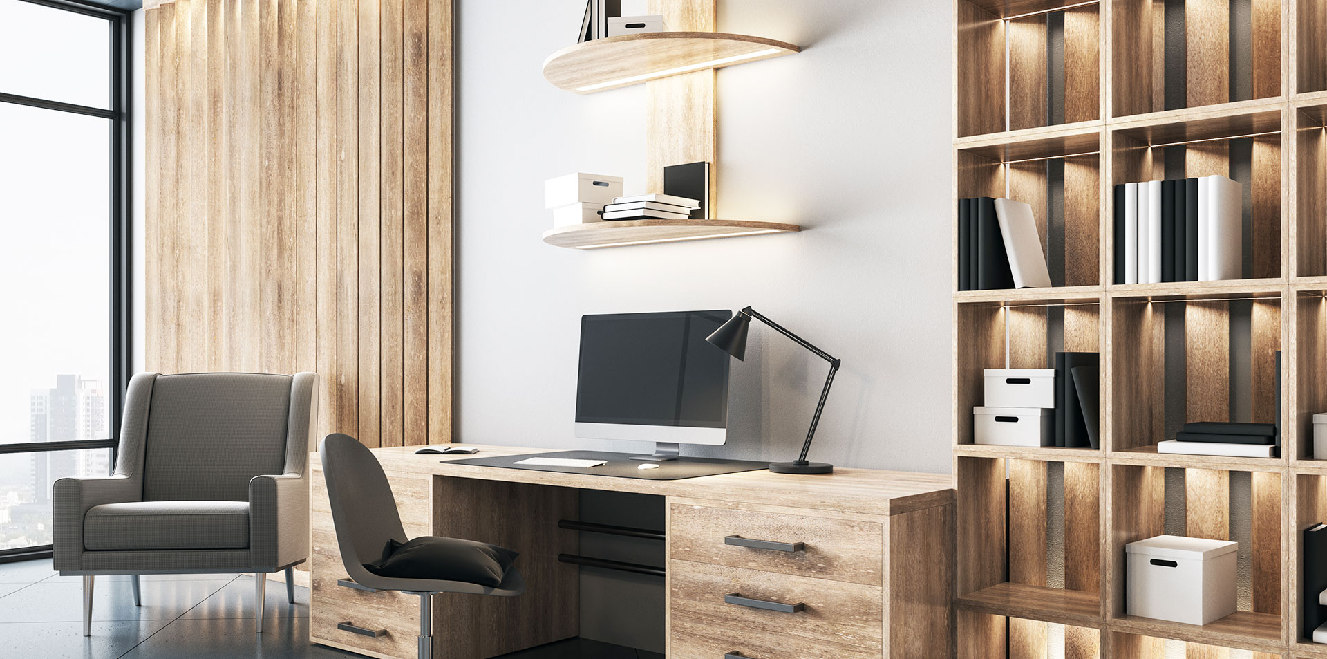 Beispiel eines modern eingerichteten Arbeitszimmers mit hellem Holz