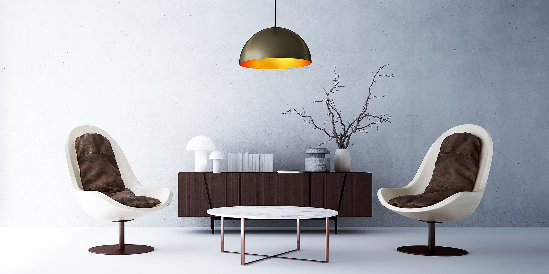 Beispiel für schönes Interieur: stylische Kombination Sideboard, Sessel und Tisch